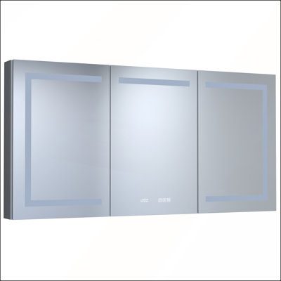 Armoire à pharmacie moderne en aluminium argenté l 60 po x H 30 po avec DEL, horloge et miroir anti-buée