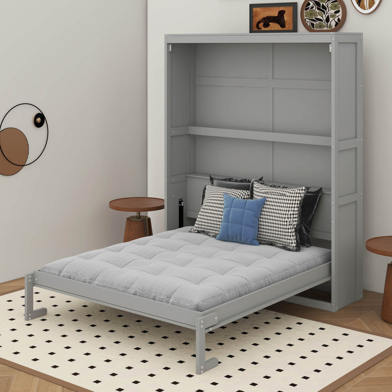 Queen Size Murphy Bed Wall Bed With Shelves, Grey