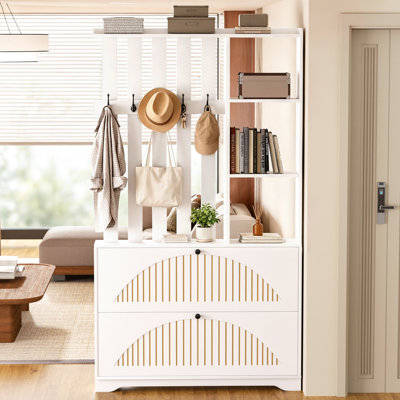 Élégant et élégant meuble à chaussures à deux niveaux avec tablettes de rangement et crochets; Arbres d'entrée pour le vestibule, la chambre à coucher ou le salon.