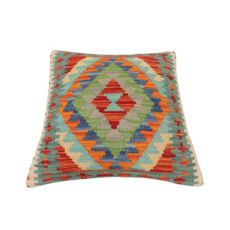 Oreiller rustique en kilim tissé à la main Beaton, Vert / rouille / beige / bleu, H 19 po x l 19 po