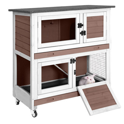 Rabbit Hutch Indoor, 36'' Bunny Hutch Outdoor, Mobile Rabbit Cage With Wheels, 2-Story Bunny Cage With 2 Pull Out Trays, Wooden Guinea Pig Cage (Brown)
