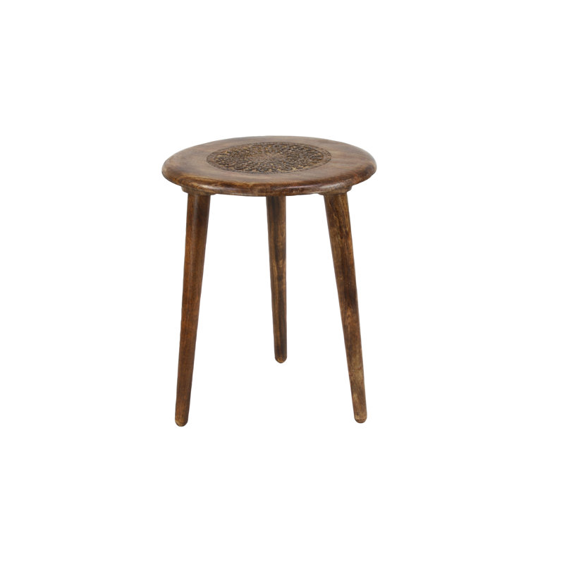Anthea Mango Wood Handmade Intricately Carved Floral Side End Accent Table with 3 Slender Legs, Brown