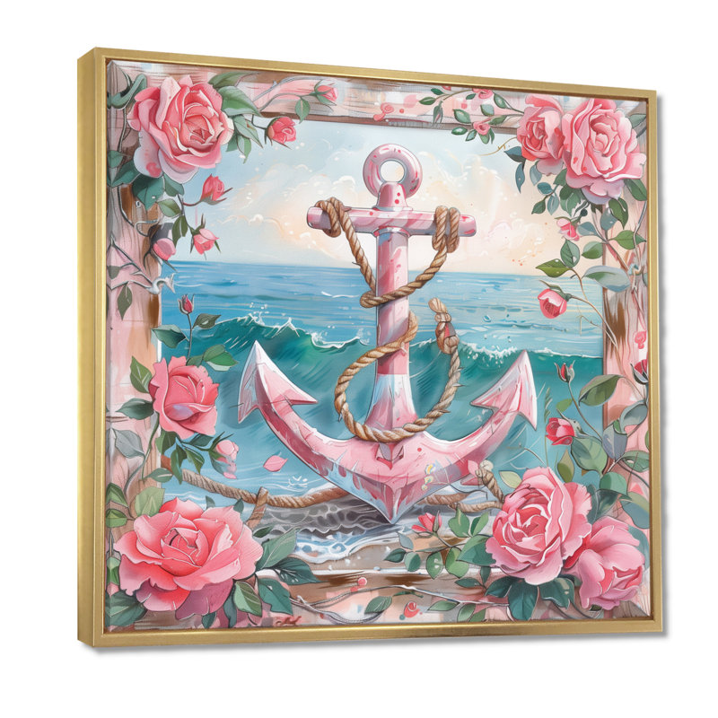 Décoration de bord de mer rose, vert et bord de mer rétro - IV, Toile avec cadre flottant or, H 30 po x l 30 po x P 1 po