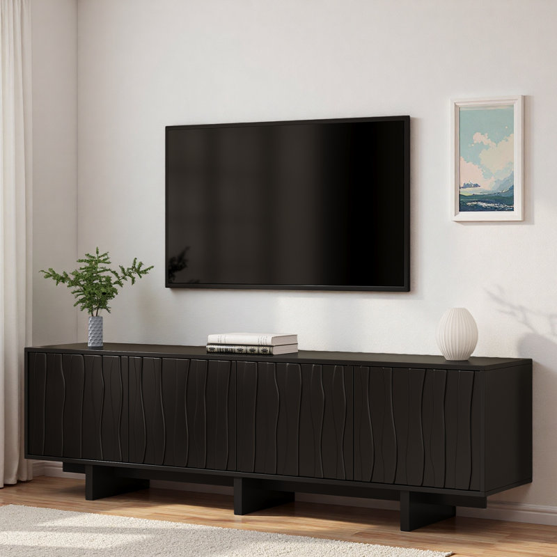 Meuble télé de style rétro avec panneau ondulé, grand espace de rangement et gestion des câbles, Noir