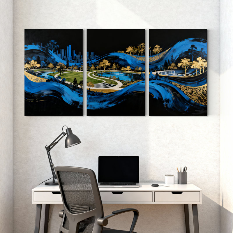 Cités et pays «Blue Waves Golden Trees Cityscape Park», ensemble de 3 impressions sur toile, H 30 po x l 60 po