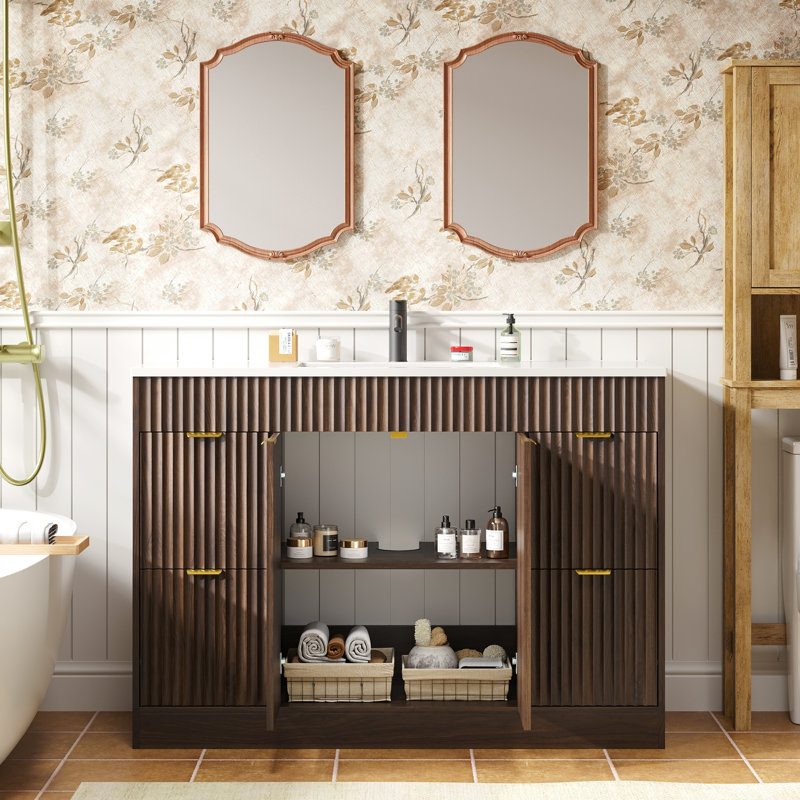 Meuble-lavabo simple en bois avec tiroirs Adonia, Brun
