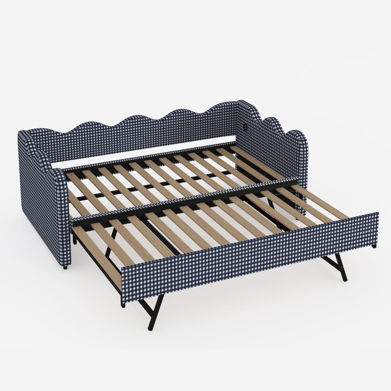 Lit convertible en 1, port USB, structure en bois et métal, chambre d'amis à carreaux bleus