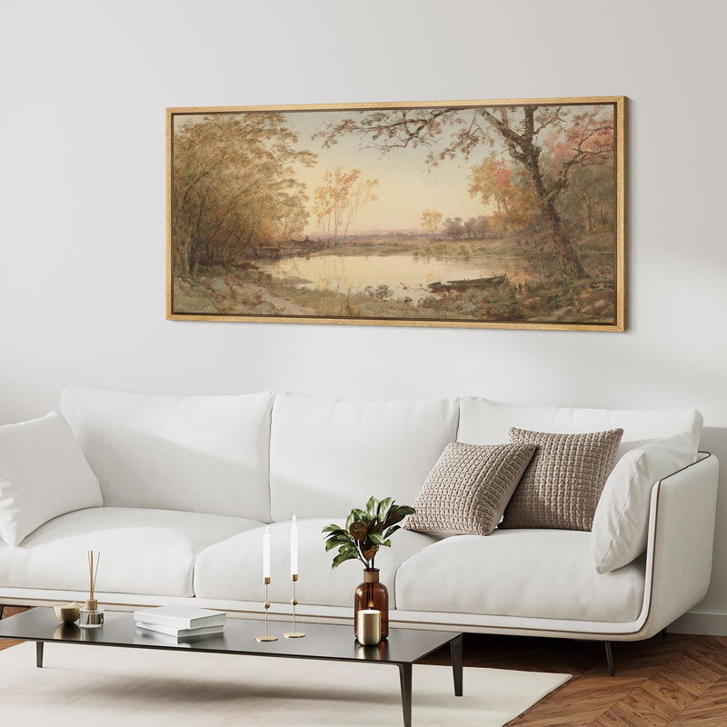 Autumnal River At Sunset Classic Forest Landscape, reproduction d'art sur toile, H 30 po x l 60 po, Naturel