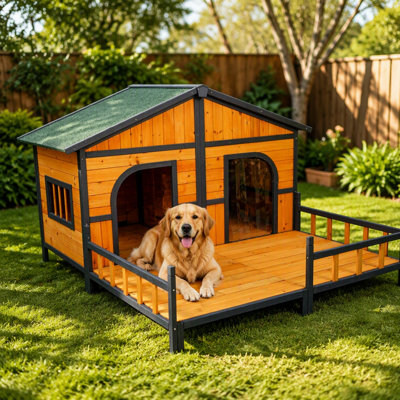 Wooden Large Dog House Outdoor Double XL Dog Kennel With Elevated Floor And Porch, Weatherproof Puppy Shelter For Small And Medium Breed Dogs, Natural