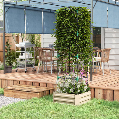 Cream Galvanized Raised Garden Bed, 24"X24"X11.7", With Trellis For Veggies, Flowers, Climbing Vines In Outdoor Backyard Patio Area Spot Bed Planting Box Trellis, Creamy