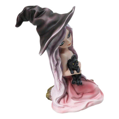 Gothic Beautiful Witch In Pink Dress And Magical Hat Holding Black Cat Figurine
