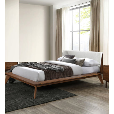 Cadre de chambre à coucher de style Mid-Century moderne avec tête de lit à panneau en bois massif noyer, pieds fuselés, utilisation moderne, taille, chambre à coucher, lit, noyer, bois, plateforme plateforme à oreilles