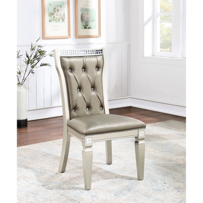 2pcs Dining Chairs, Champagne/warm Gray, Solid Wood, Seat Cushion, Button Back With Glossy Of 2 Transitional Style, Upholstery,