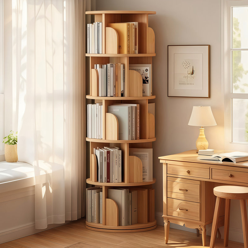 Bibliothèque rotative à 5 niveaux avec rotation à 360 °, bord arrondi, déflecteur enveloppant et grand espace de rangement pour les petits espaces dans la chambre à coucher, le bureau, la base en bois à double couche avec affichage couleur, bord stable