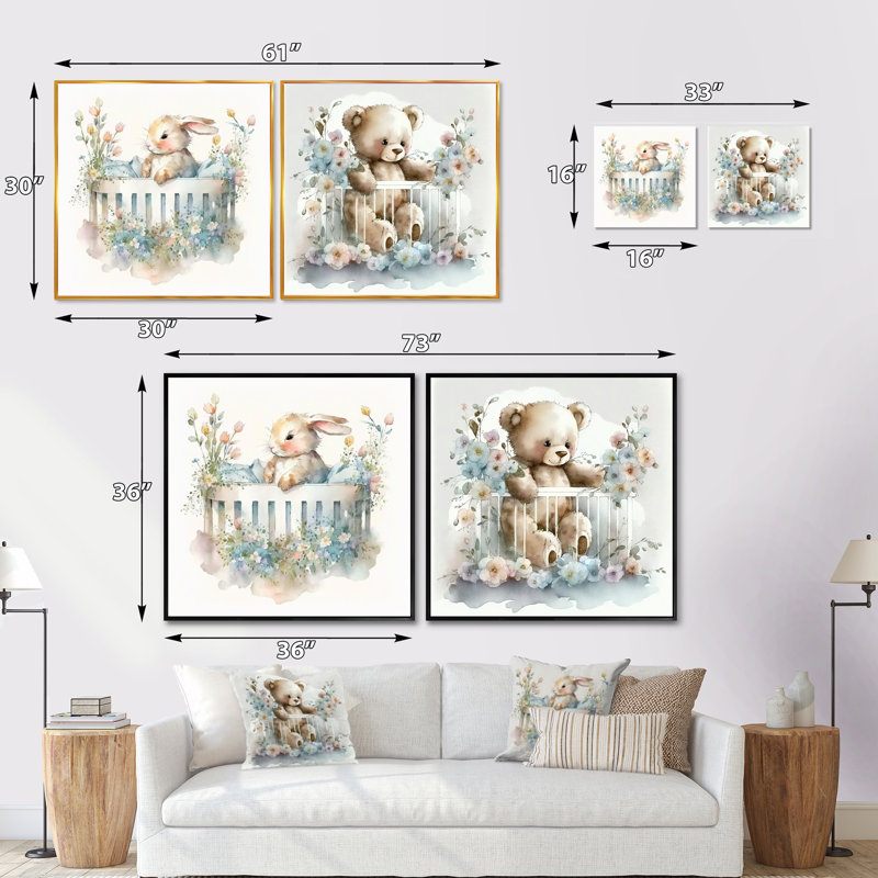 Bébé lapin en lit de bébé avec fleurs - ensemble de 2 animaux carrés, Cadre flottant doré, H 30 po x l 61 po