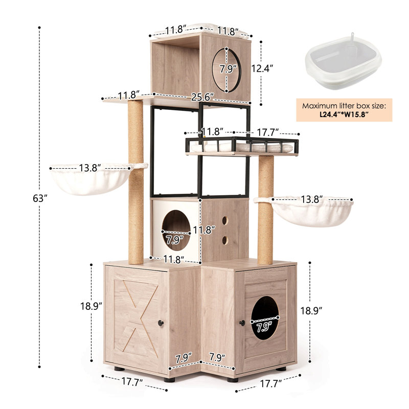 63" Multi-Functional Cat Tree With Litter Box - Includes Removable Washable Cushion, Scratching Posts & Toy Hanger, Modern Design, Rustic Grey