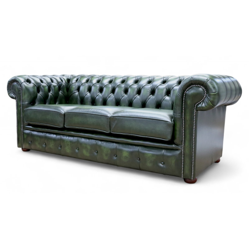 Chesterfield 3 Seater Sofa + 2 X Queen Anne Chairs Leather Sofa Suite Offer, Green