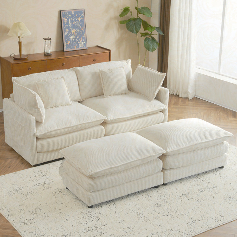 Modern Sofa Modular Sofa Couch Upholstered Corduroy L-Shape Sectional Sofa with Side Storage Pockets for Living Room, Beige