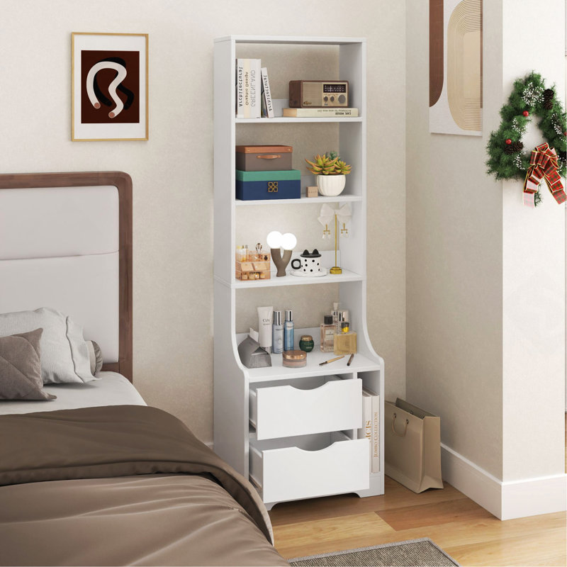 Table de chevet avec bibliothèque, table de chevet avec 2 tiroirs de rangement pour la chambre à coucher, Blanc