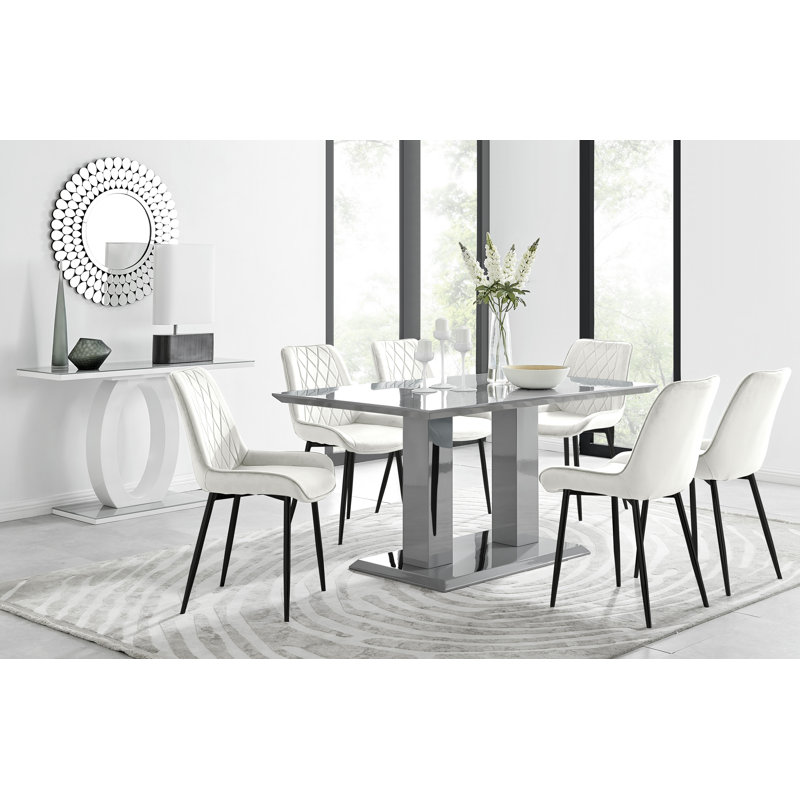 Eubanks High Gloss Double Pillar Dining Table Set with 6 Luxury Velvet Upholstered Dining Chairs, Cream