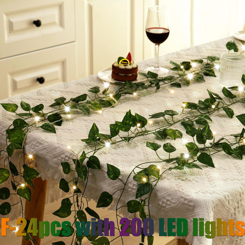 24 Pack 173ft Fake Ivy Vines, Artificial Ivy Garland with 200 LED String Lights
