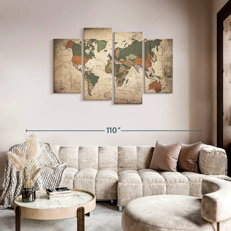Éducative carte du monde IV, ensemble de 4 reproductions sur toile par Tess P, H 48 po x l 75 po x P 1,25 po