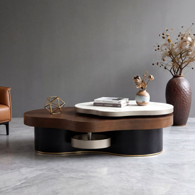 Table basse de 47,2 po fabriquée avec ingéniosité - dalle de pierre irrégulière avec surface en bois fluide imperméable et table de salon résistante à la chaleur
