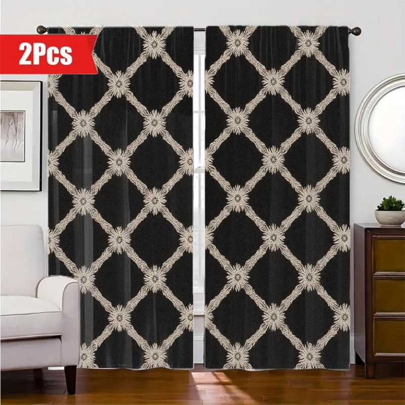 2 pièces de rideaux à motif floral à losanges rétro, rideaux en jacquard noir et beige avec passe-tringle filtrant la lumière pour le salon, la chambre à coucher, la cuisine, la décoration intérieure, l'extérieur, le mur,