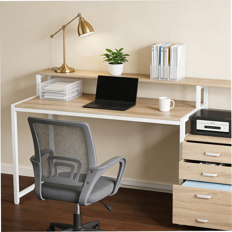 Bureau d'écriture, bureau, bureau d'ordinateur avec tiroirs, Naturel / Blanc