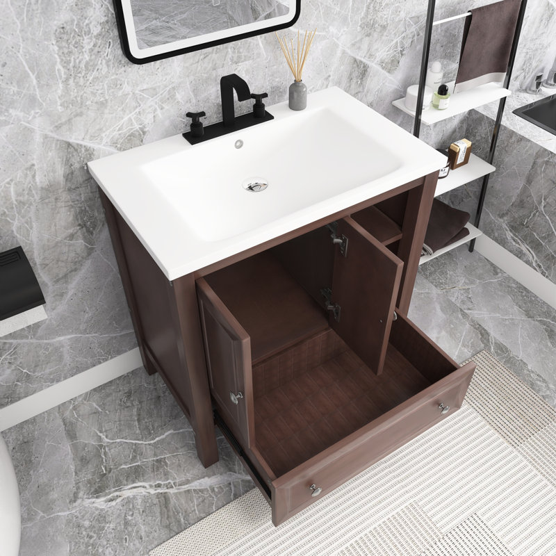 Meuble-lavabo autoportant 30 po blanc avec lavabo en céramique, Brun