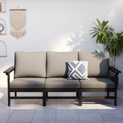Outdoor 71"W HDPE Modular Modern Sofa With 5" Thick Cushions & Natural Wood Texture