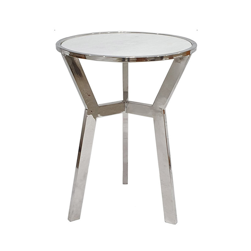 Side End Table, 18 Inch Round White Marble Top, Silver Steel X Base