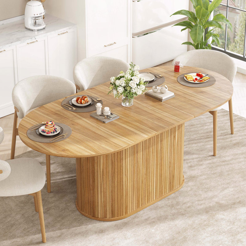 Table extensible en forme d'arc - 55,1 po à 70,9 po avec pieds rayés, finition naturelle, Naturel
