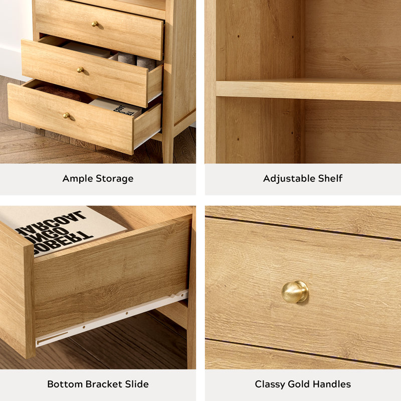 Bookcase Storage Display Cabinet With 3 Drawers And Shelves, Oak