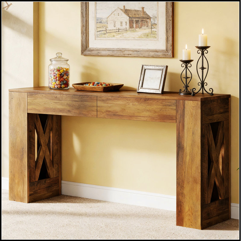 Rustic Farmhouse Style Console Table With Spacious Storage, Ideal For Living Rooms And Hallways, Warm Brown Finish And X-Shaped Legs