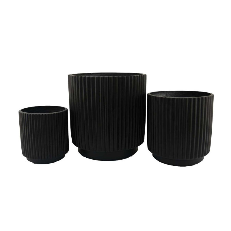 Ensemble de 3 pots à fleurs ronds Elly, résine texturée nervurée, 16,12,9 pouces, Noir
