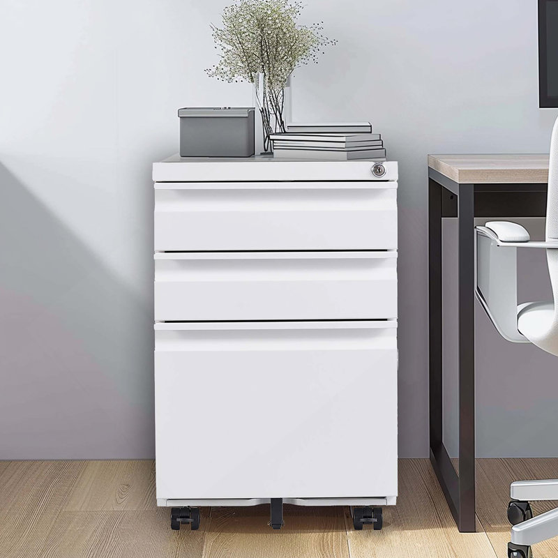 Classeur mobile à trois tiroirs avec serrure, idéal pour l'organisation de bureau à domicile et le rangement de documents sécurisé