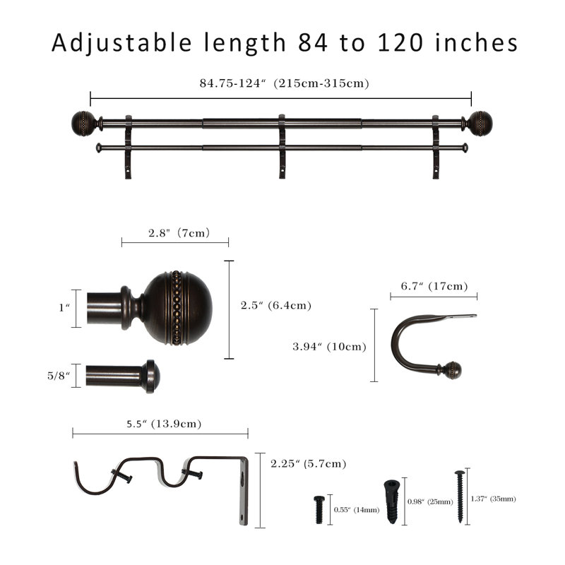 Tringle à rideaux double Camilah, H 2,5 po x l 124 po x P 5,5 po, Bronze