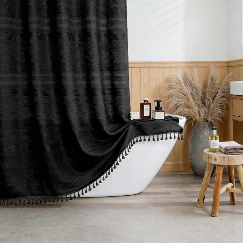 Rideau de douche en lin texturé avec pampilles, rideau de salle de bain moderne et robuste, tissu infroissable, installation facile avec boutonnières