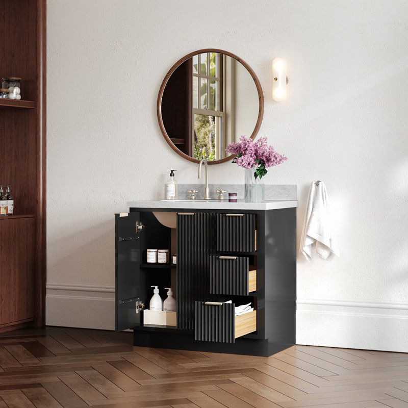 Ensemble de meuble-lavabo simple 36 po en bois massif avec plateau en marbre de Carrare 1,5 po, gauche décalé, lavabo ovale