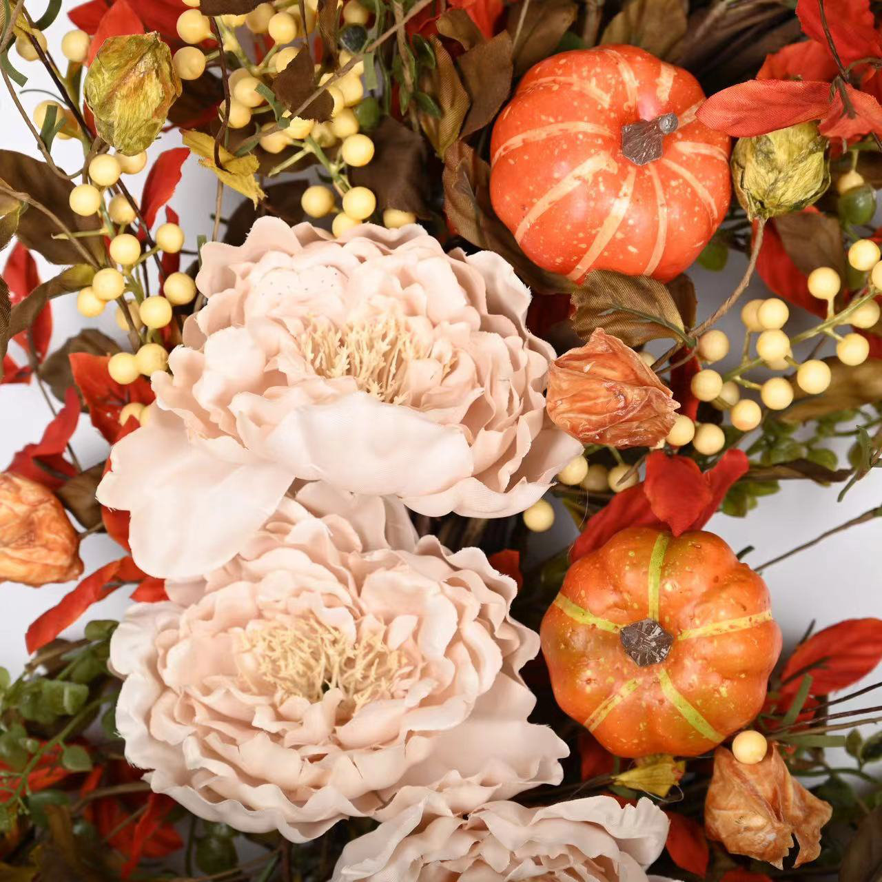 26" Faux Fall Thanksgiving Day Pumpkin Peony Floral Wreath for Front Door, White/Orange