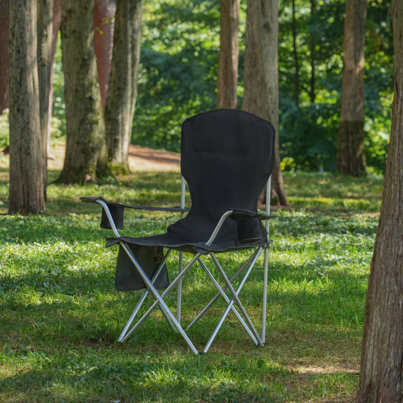 Camp & Go Heated Deluxe Quad Outdoor Camping Chair, Folding Heated Chair with 18" USB Cable, Storage Compartment, and Cup Holders, Black