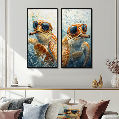 Cute Turtle With Glasses Smoking In The Ocean I - Turtle Animal Wall Art 2 Pieces Set