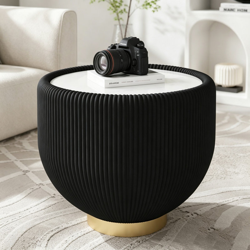 Modern Round Sintered Stone Side Table with Leather Edge