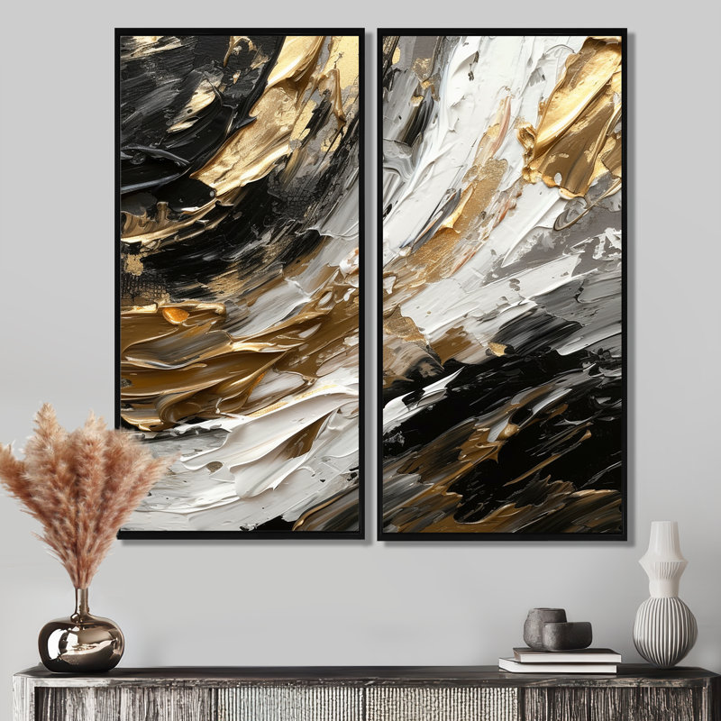 Imminent bonheur audacieux texturé doré et noir - art mural moderne, Noir, H 36 po x l 48 po, Impression encadrée flottante