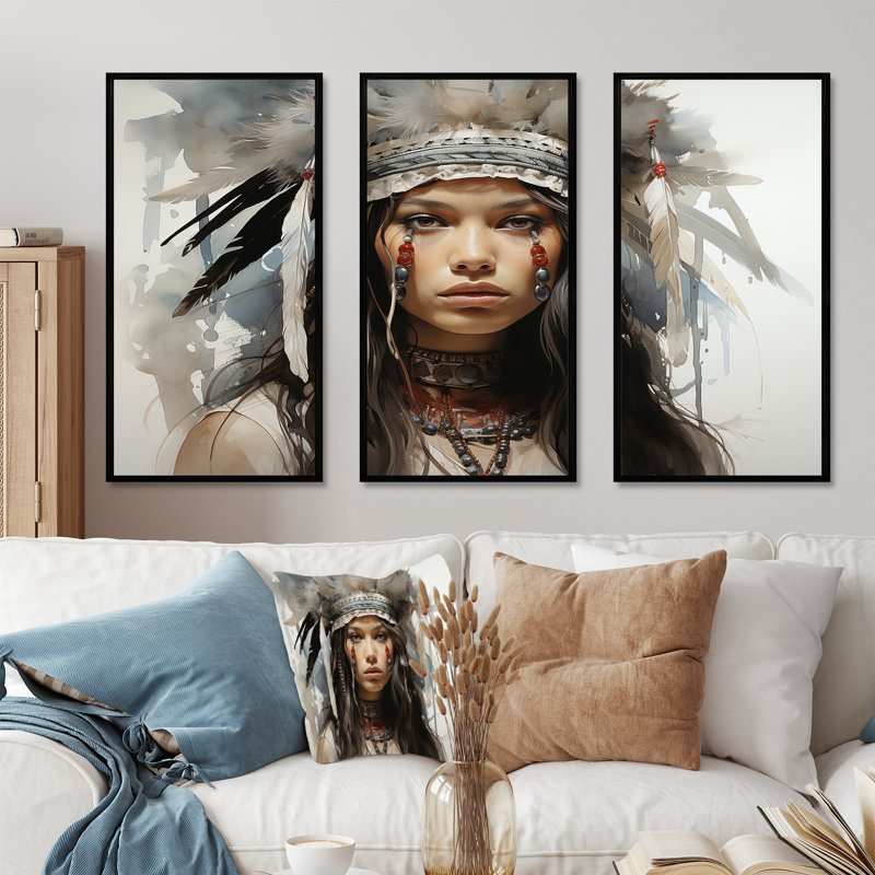 Native Sioux Woman Portrait - Native American Wall Art, ensemble d'impression, Cadre flottant noir