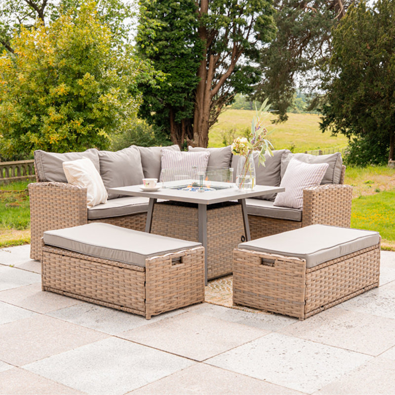 Rosen 9 Seaters Corner Sofa Cube Fire-Pit Dinning Table With Storage Benches
