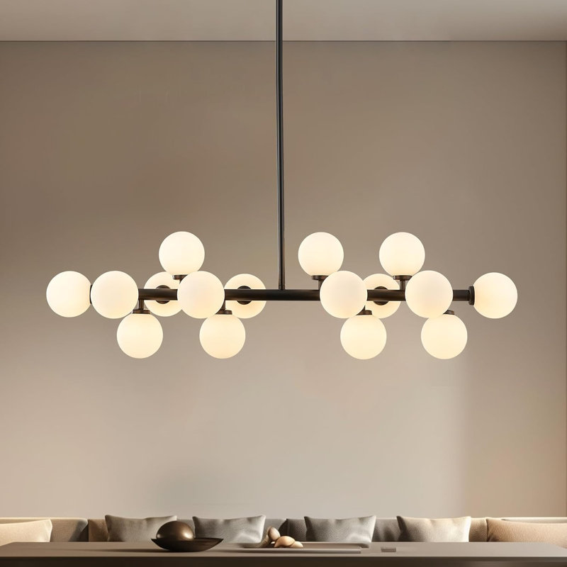Lustre moderne de style Mid-Century à 16 lumières: lustres linéaires noirs Spoutnik de 40 po - Luminaire sphérique en verre blanc laiteux - Long lustre suspendu moderne pour îlot de cuisine de salon