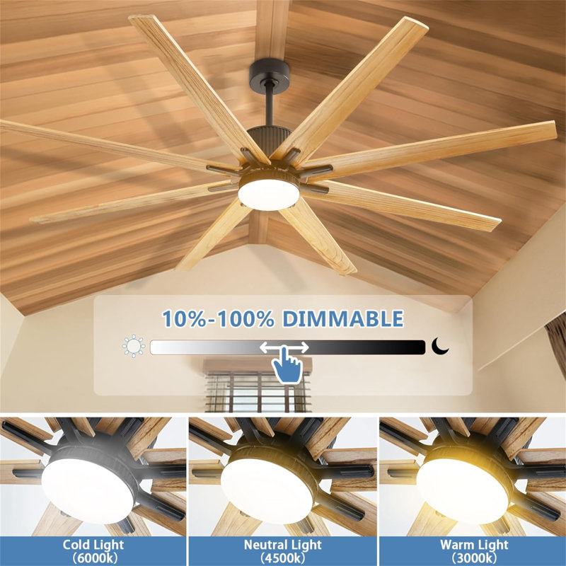 Ventilateur de plafond 76 pouces avec télécommande à intensité variable de 18 W à DEL 8 pales en bois massif noir pour le salon
