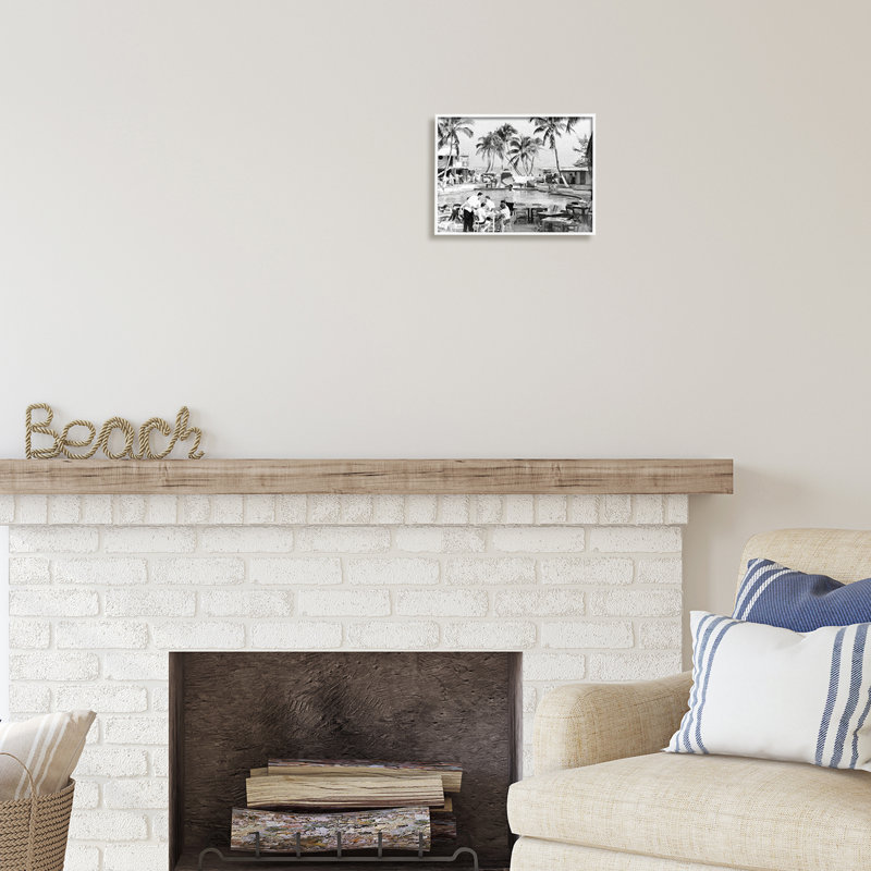 Vintage Tropical Beach Resort Black and White Framed Canvas Print
